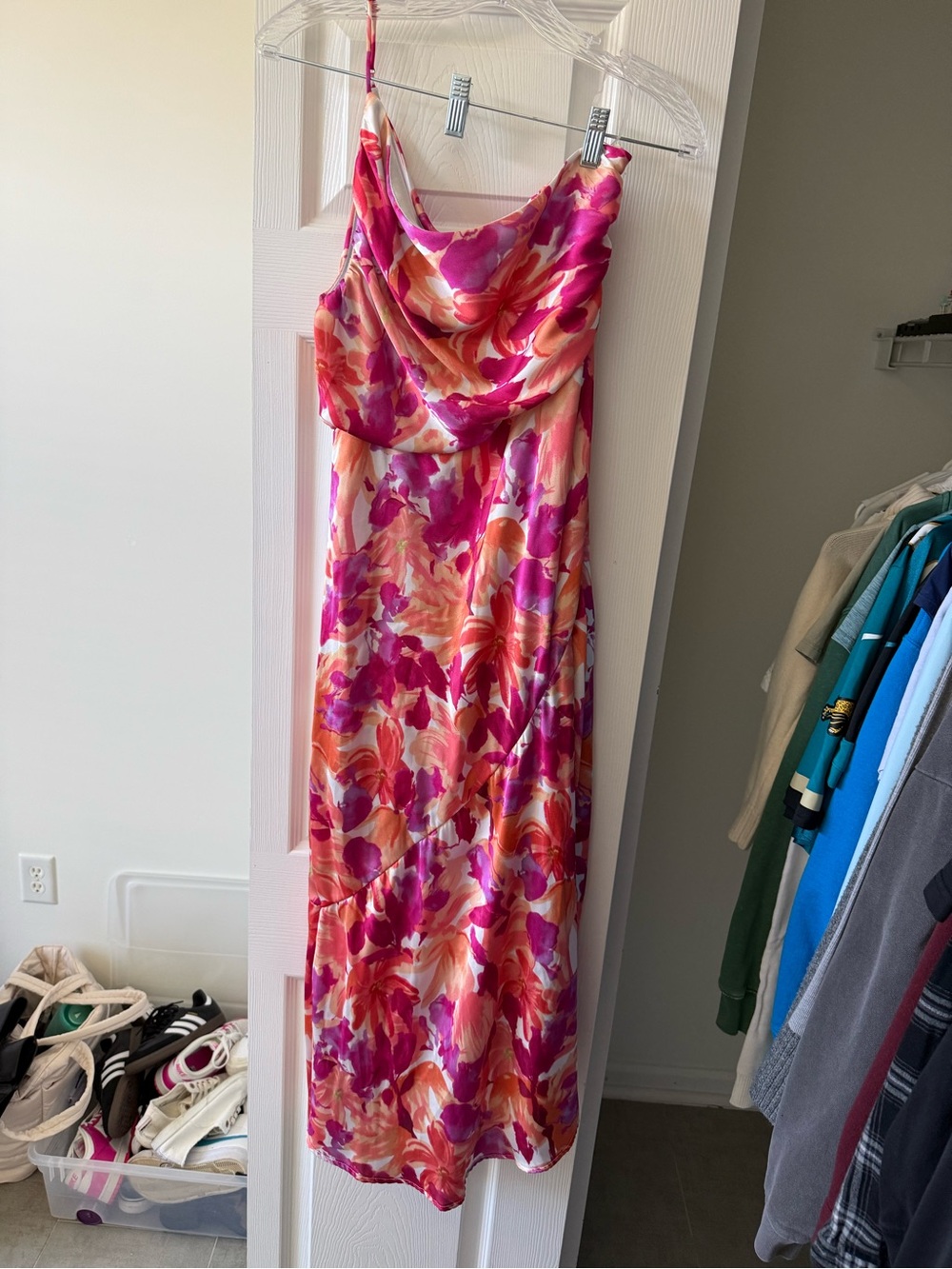 Hello Molly One-Shoulder Pink & Peach Floral Midi Dress - Picture 4 of 8